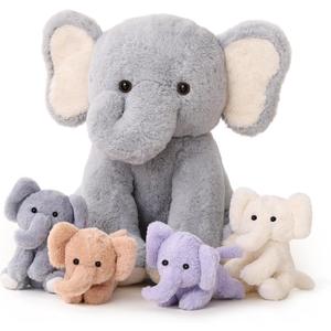 5 Pieces Elephant Stuffed Animals for Girls, 1 Mommy Elephant with 4 Babies Soft Plush Set Toys Gifts for Kids Children 3 4 5 6 7 8 9 Years, Christmas, Birthday, Children's Day