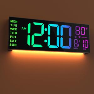 JALL 16" Large Digital Wall Mount Clock, Count Down Timer with Remote, Alarm, Big LED, 8 RGB Color, DST, Temperature for Living Room Classroom Desk, Xmas, Birthday Gift for Senior Men Women Mom Dad (16 inches, Black)
