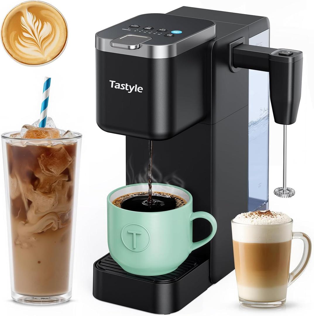 Tastyle Single Serve Coffee Maker with Builtin Detachable Milk Frother, Iced and Hot Coffee Machine for K Cup & Grounds, 40oz Removable Water Reservoir, 6 Cup Sizes, Fits 7.3" Travel Mug, Gray