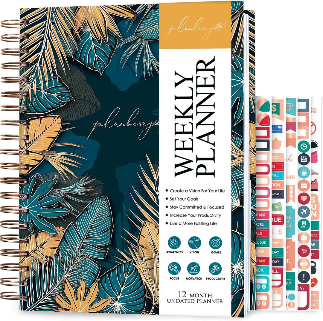 PLANBERRY Large Weekly Planner Premium  Undated Life & Budget Planner  Organizer & Productivity Journal, 8x10.4 (Tropical Forest)