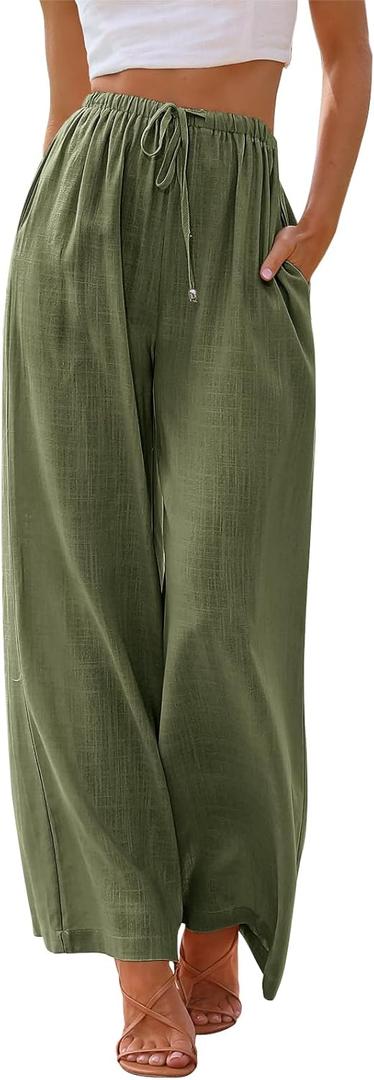 LILLUSORY Women's Linen Summer Palazzo Pants Flowy Wide Leg Beach Pants with Pockets, Size S (Green)