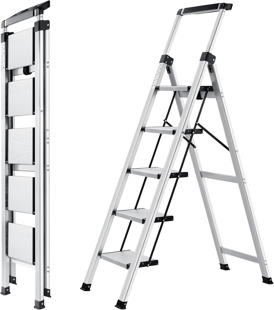 XinSunho 5 Step Ladder, Retractable Handgrip Folding Step Stool with Anti-Slip Wide Pedal, Aluminum Stool Ladders 5 Steps, 330lbs Safety Household Ladder (Silver)
