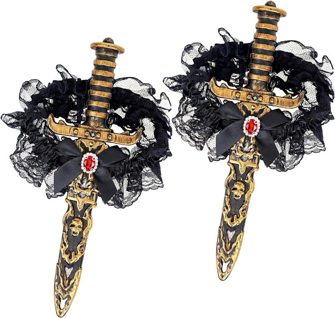 2 PCS Pirate Swords with Lace Bow, Pirate Dagger Sword Toy with Holster Thigh Garter for Women for Cosplay Dress Up