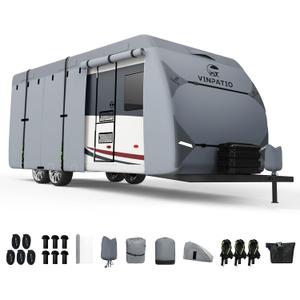 RV Cover, 7 Layers Heavy Duty Travel Trailer Cover, Toy Hauler Cover Fits 30'-33' RV, Camper Cover with Tongue Jack Cover, Extra Windproof Straps
