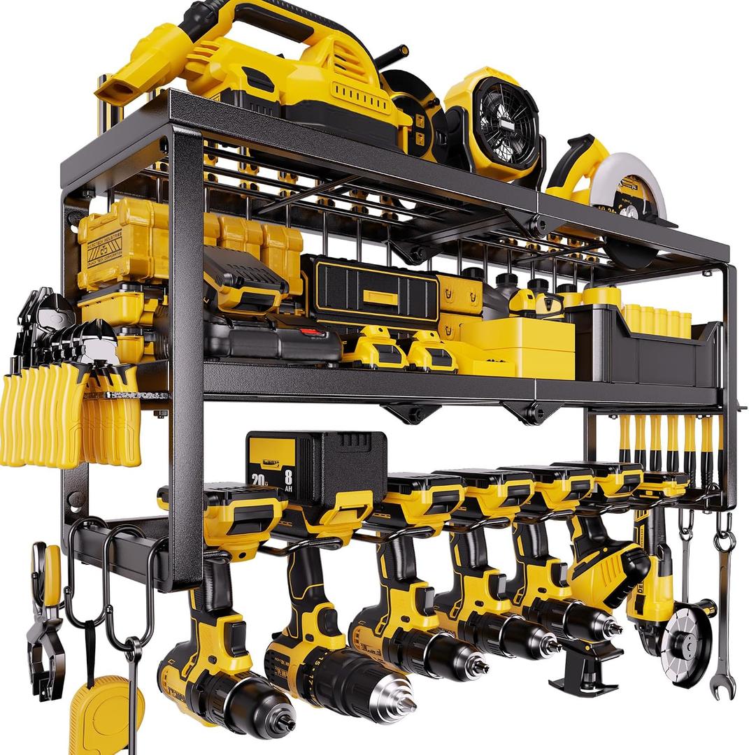 Heavy Duty Power Tool Organizer for Wall Mount Garage Storage 320 lbs Capacity, 3-Tier Iron Wire Rack with 7 Drill Slots, Shelf for Battery Charging Station Gift for Dad Handyman