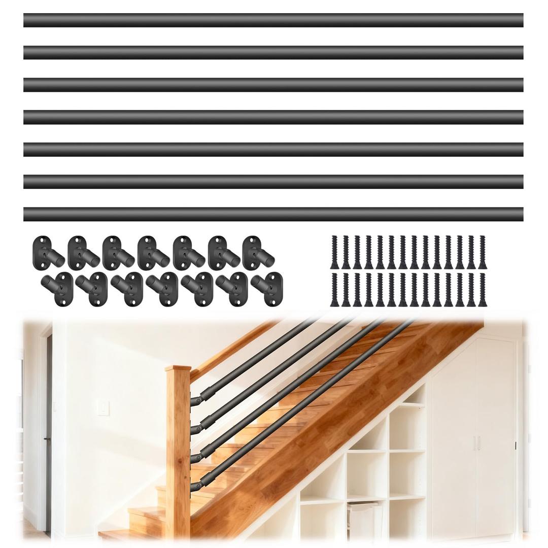 8 Foot x 1-inch Round Horizontal Bar Baluster for Stair Remodel- Wrought Iron Hollow Staircase Metal Spindles for Indoor Staircase-Stair Installation-Matte Black 7 Pack