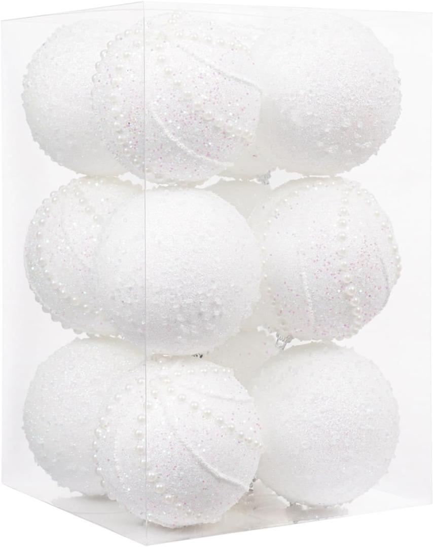 3.15" 12pcs Christmas Ball Ornaments Sequin Shatterproof Christmas Tree Ornaments DecorativeHanging Pearl Balls for Xmas Trees,Holiday Party(White)