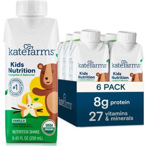 KATE FARMS Organic Kids Nutrition Vanilla Shake, 8g Protein, 27 Vitamins and Minerals, Meal Replacement, Gluten Free, Non-GMO, 8.45 oz (6 Pack)