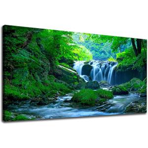 NINEASO Green Forest Waterfall Painting Canvas Print 20'x40' Wall Art for Living Room Bedroom Office Home Wall Decoration