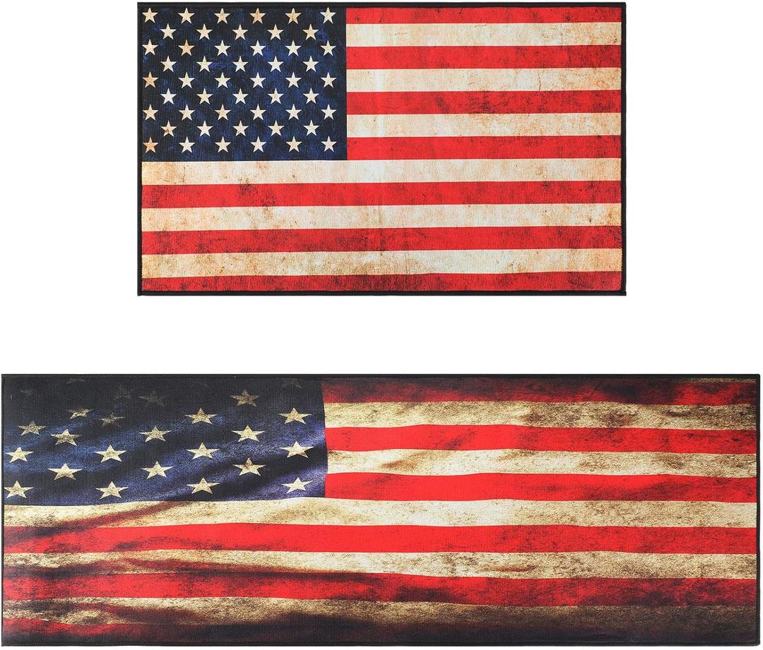 Duraaamo 2 Pcs 4th of July Kitchen Rugs and Mats Mode Stars and Stripes Door Mats 17x29 and 17x49 Inch Independence Day Memorial Day Red White Blue Retro Floor Rugs for Patriotic Home Decor