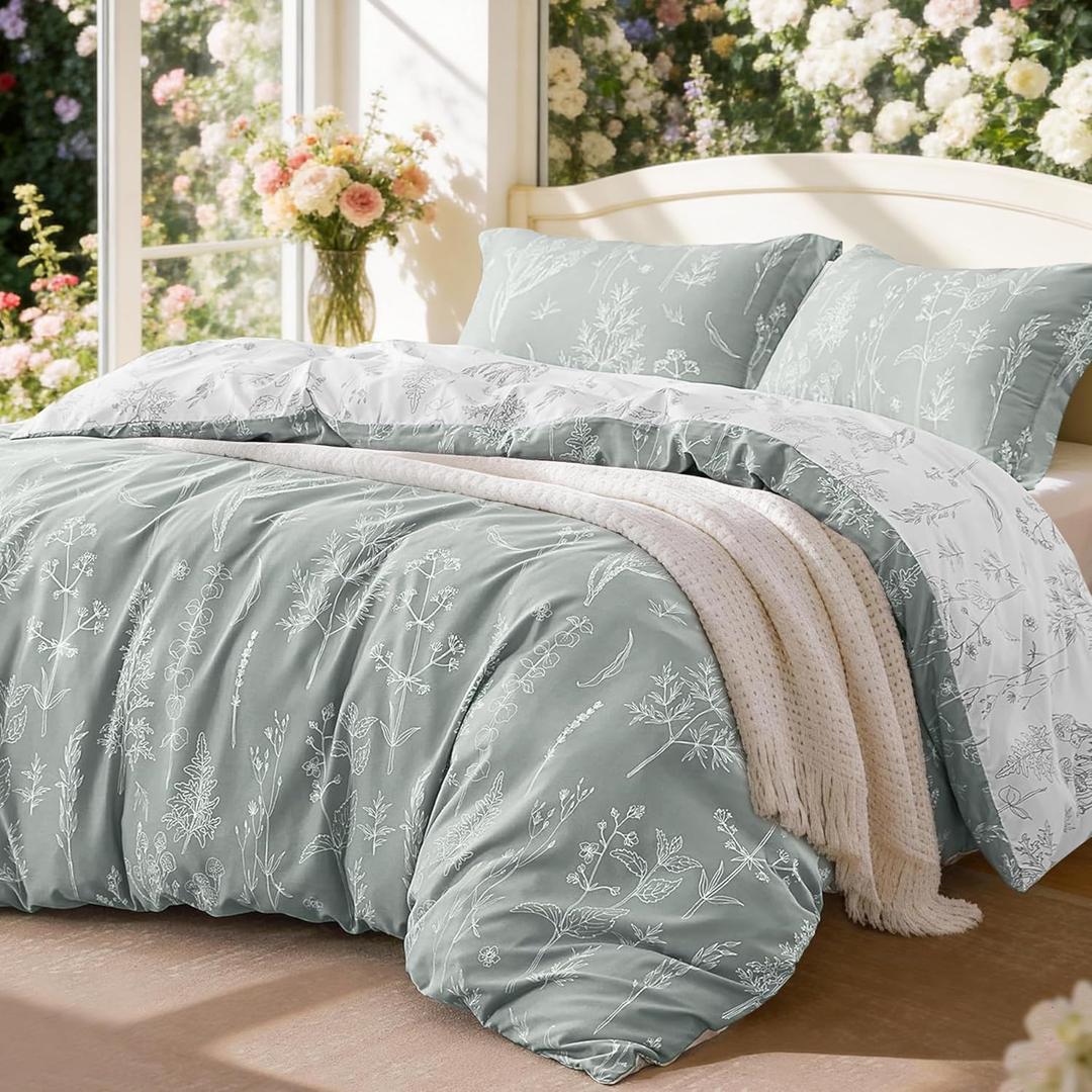 Love's cabin Grey Queen Comforter Set - Queen Size Comforter Set, 3 Pieces Cute Floral Bedding Sets for All Seasons,1 Soft Reversible Botanical Flowers Comforter and 2 Pillow Shams (Queen (90"x90"))