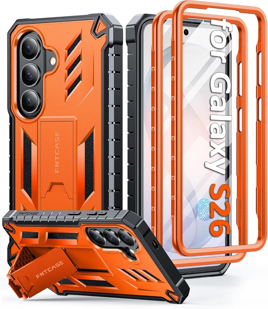 FNTCASE for Samsung Galaxy S26 Case: with [Built-in Screen Protector & Kickstand] [2 Front Frames] [Military-Grade Drop Protection] Heavy Duty Shockproof Rugged Case Full Body Protective Cover Orange