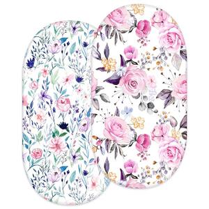 Bassinet Sheet 2 Pack Ultra Stretch Bassinet Fitted Sheet for Baby Girls Boys, Soft Universal Snug Fits Rectangle, Oval and Hourglass Bassinet Pad/Mattress, Stylish Floral