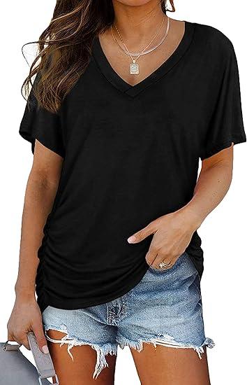 Women's V Neck T Shirts Short Sleeve Summer Casual Loose Dolman Tops with Side Shirring (L, Black)