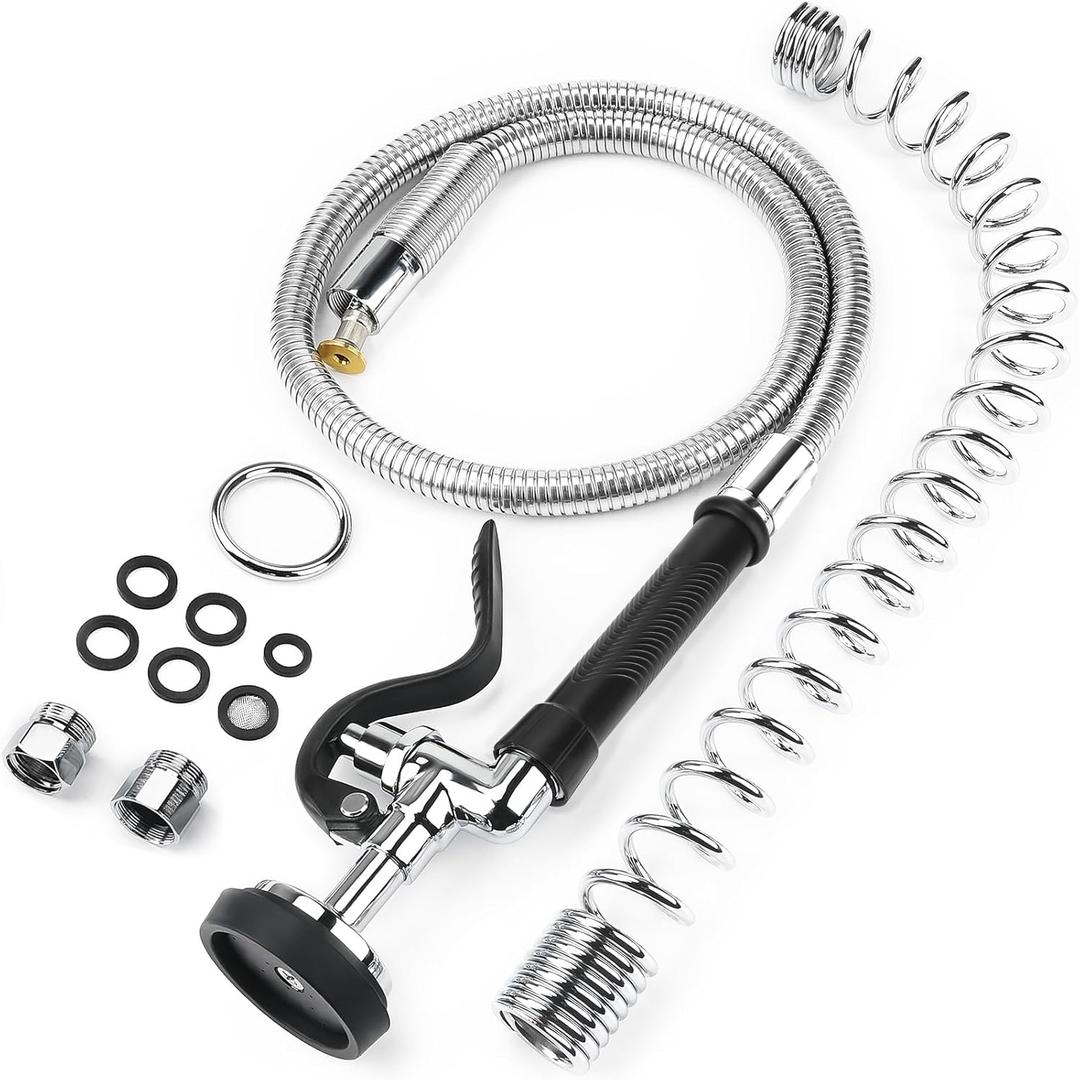 Commercial Sink Sprayer with 44 Flexible Stainless Steel Hose & Pre Rinse Spring, Spray Valve with Commercial Faucet Flexible Hose and Pre-Rinse Overhead Spring for Commercial Sink Faucet (Black)