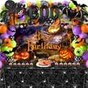 Halloween Birthday Decorations Party Supplies Halloween Themed Party Favors 105 Pcs Including Spider Web, Backdrop, Tablecloth, Cake Toppers, Spider Bat Wall Stickers, Balloons Arch and kit