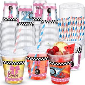 50 Sets Burnouts or Bows Themed Party Supplies 12 oz Burnouts and Bow Party Cups Pink and Blue Plastic Disposable Cups with Lids and Paper Straws Western Gender Reveal Decorations for Baby Shower