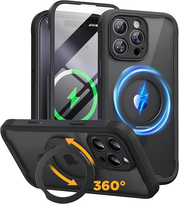Miracase for iPhone 16 Pro Max Case with 360° Magnetic Ring Stand [Compatible with Magsafe] Full-Body Drop Proof Bumper Phone Case with Built-in 9H Tempered Glass Screen Protector,Black
