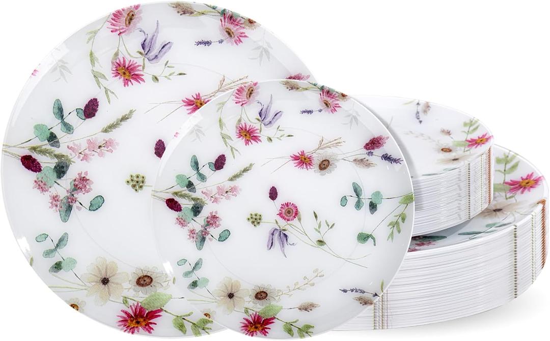 LIYH 32 Pcs Floral Plates Set Heavy Duty Plastic Plates Spring Pink Floral Plastic Plate Elegant Wedding Baby Shower Flower Dinnerware Set - 10.25" Dinner & 7.5" Dessert Plate