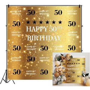 8x8ft Happy 50th Backdrop Black and Gold Theme Birthday Party Background for Photography Gold Black Birthday Bash Ornament Family 50 Years Old Celebration Photo Wallpaper