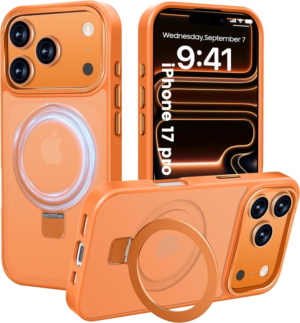 Compatible with iPhone 17 Pro Case with Magnetic Ring Stand, Military Drop Protection, Anti-Scratch/Anti-Fingerprint Translucent Matte iPhone Case for iPhone 17 Pro (Orange)