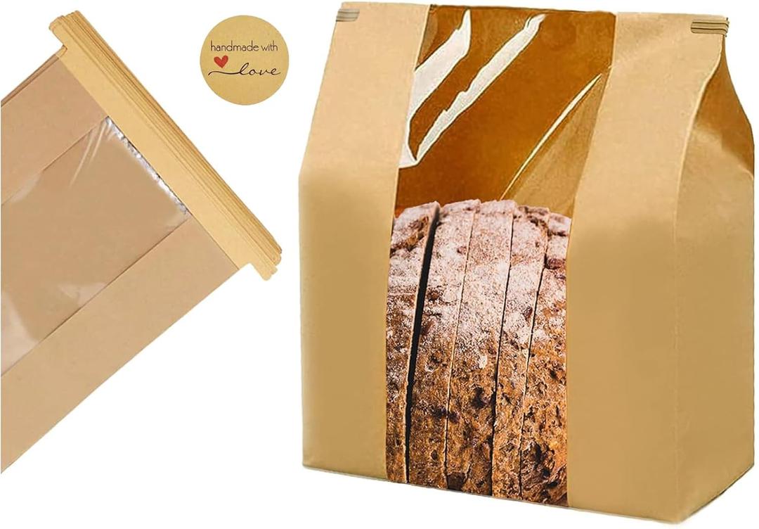 50 Pack Large Paper Bread Bags for Homemade Bread Sourdough Bags 14" x 8.3" x 3.5" with Tin Tie Tab Lock Clear Front Window Bakery Bag Packaging Cookie Bag with Label Seal Stickers