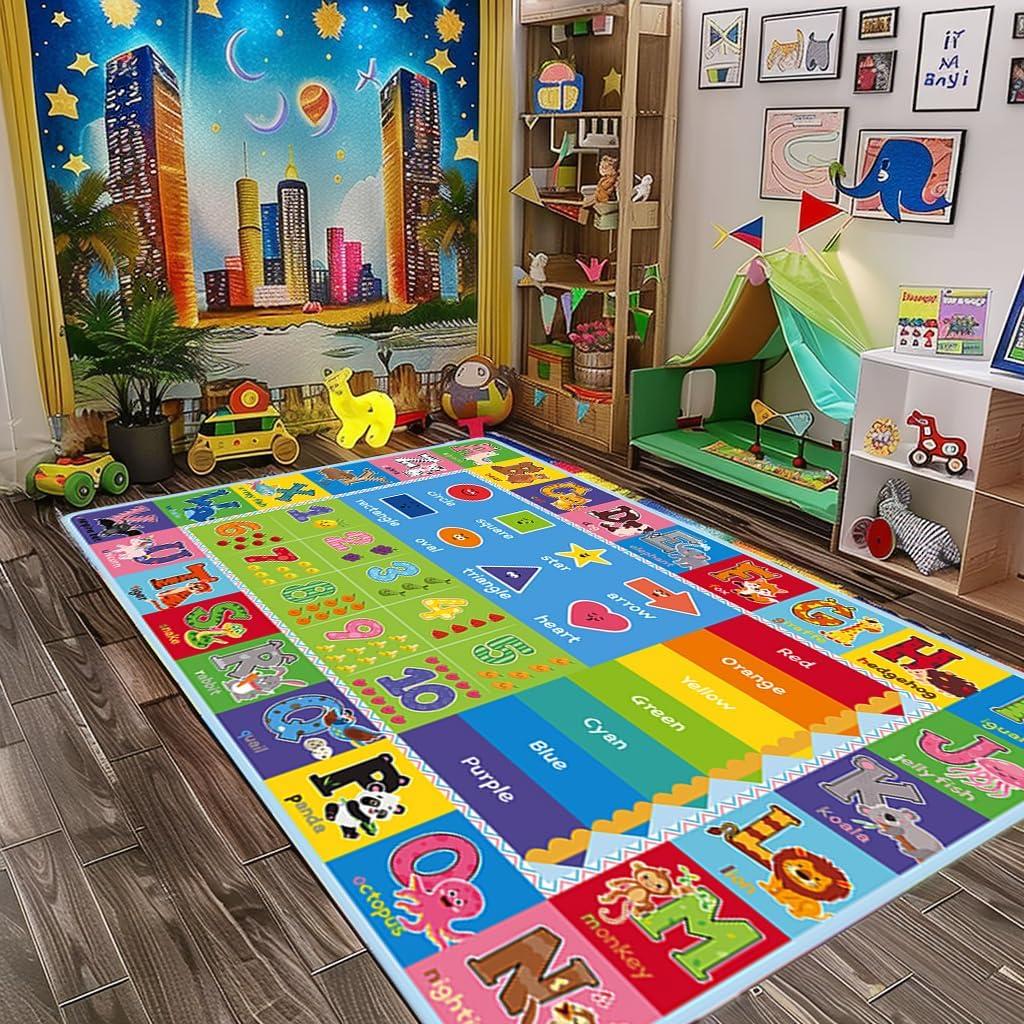 ABC Carpet,Kids Carpet for Playroom, Classroom Floor Play Mat for Kids,Preschool Rugs wtih ABC, Numbers, Animals, Extra Large Thick (78.7X59 Inch) (6'7" x 4'11" (Rectangular))
