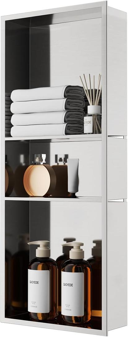 QAOYEDE Shower Niche Insert No Tile Needed, 30"x12" Stainless Steel Niche for Shower Wall, Recessed Showers Shelf for Bathroom Storage 2 Layer,Brushed Nickel