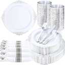 Nervure 350PCS Silver Plastic Plates - Silver Plastic Dinnerware Sets for 50 Guests - 100 Disposable Plates, 150 Silverware, 50 Cups, 50 Napkins for Wedding & Party (White and Silver)