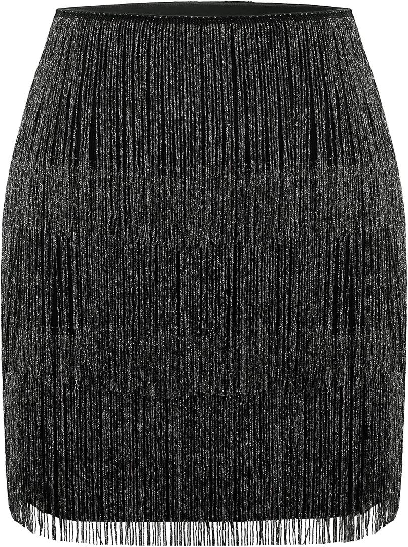 MANER Women’s Fringe Skirt Stretchy Sparkly Bodycon Tassel Trim Mini Skirt (X-Large, Sparkly Black)