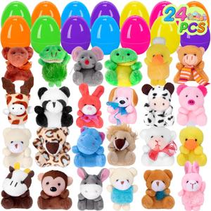 24 PCS Prefilled Easter Eggs with Mini Plush Animals Toys Easter Basket Stuffers/Fillers for Kids Toddlers Plastic Easter Eggs Stuffed Animals Gifts Eggs for Easter Egg Hunt Prizes, Party Favor