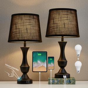 Luvkczc Black Touch Table Lamps Set of 2, 22" Tall Bedside Lamps with USB C+A Charging Ports, Nightstand Lamps for for Bedroom, Living Room, Office, with Black Lampshade, LED Bulb Included