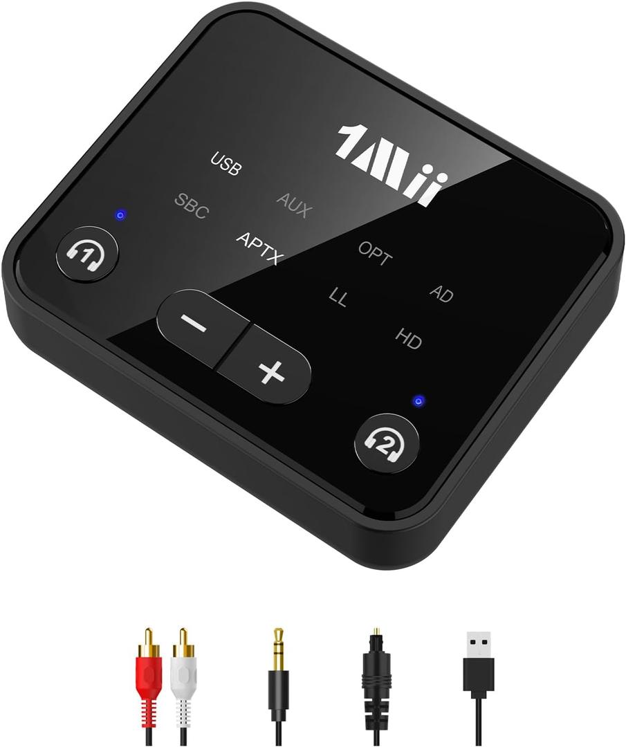 1Mii Bluetooth 5.3 Transmitter for TV to 2 Wireless Headphones, Long Range 100ft Bluetooth Adapter for TV aptX Adaptive & HD/ Volume Control, Optical/ USB/ AUX/ RCA Audio Inputs