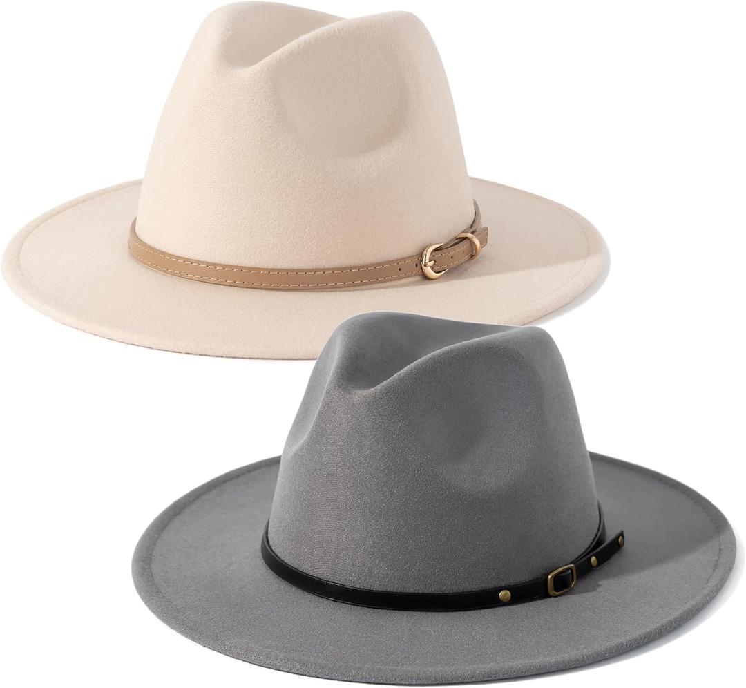 Lisianthus 2 Pack Women & Men Classic Wide Brim Belt Buckle Fedora Hat (Medium, Set 7)
