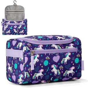 Choco Mocha Kids Unicorn Toiletry Bag for Girls, Travel Waterproof Hanging Toiletry Bag for Girls, Purple