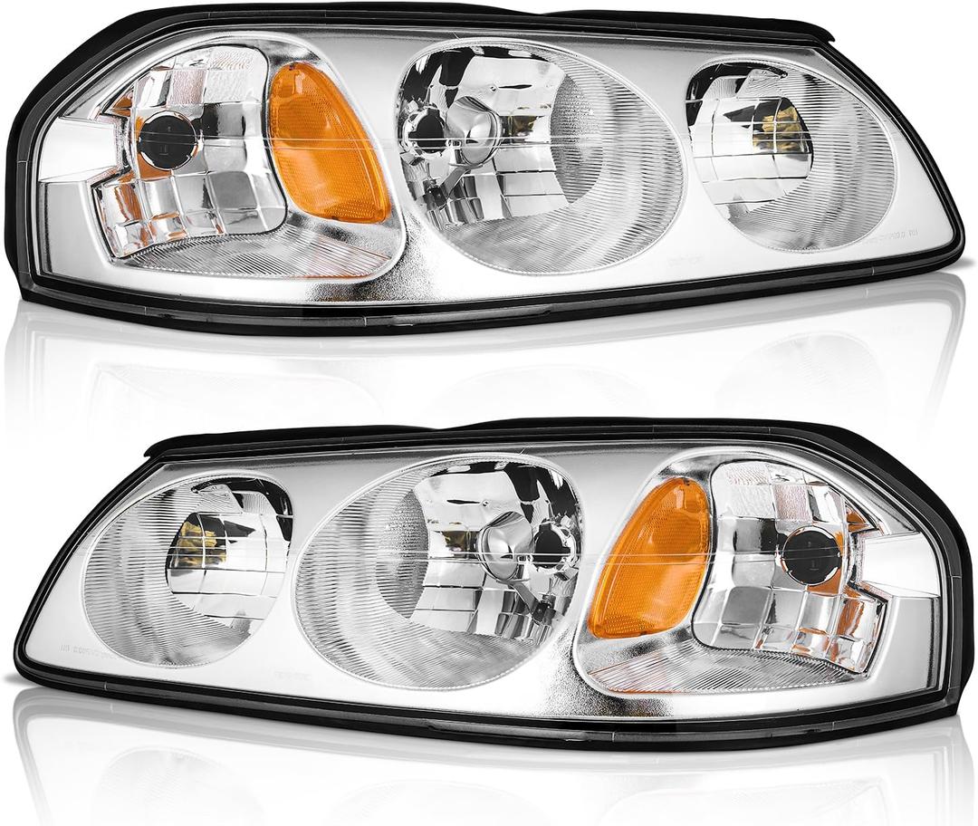WEELMOTO Headlights Compatible with 2000-2005 Chevy Impala, Headlight Assembly for 00 2001 2002 2003 2004 05 Impala Chrome Housing Amber Reflector Driver&Passenger Sides