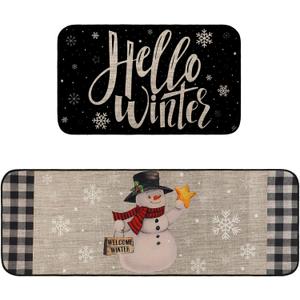 Shellwei 2 Pieces Hello Winter Snowman Kitchen Rugs Set Buffalo Plaid Snowflake Snowman Mats for Winter Home Kitchen Christmas Decor 17 x 29 Inch and 17 x 49 Inch