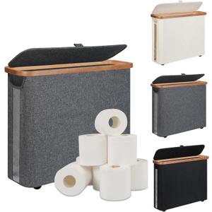 Toilet Paper Storage Basket with Lid - The Ultimate Bathroom Organizer, Free Standing Toilet Paper Holder for Up to 9 Mega Rolls, Toilet Tissue Storage Bin with Handle for RV Closet, Grey (Medium)