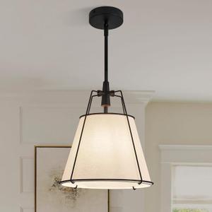 Modern Pendant Light Fixtures with 12" White Linen Fabric Shade, Adjustable Hanging Light Fixture,Drum Black Vintage Chandelier for Kitchen Island Bedroom Dining Room Foyer Entryway