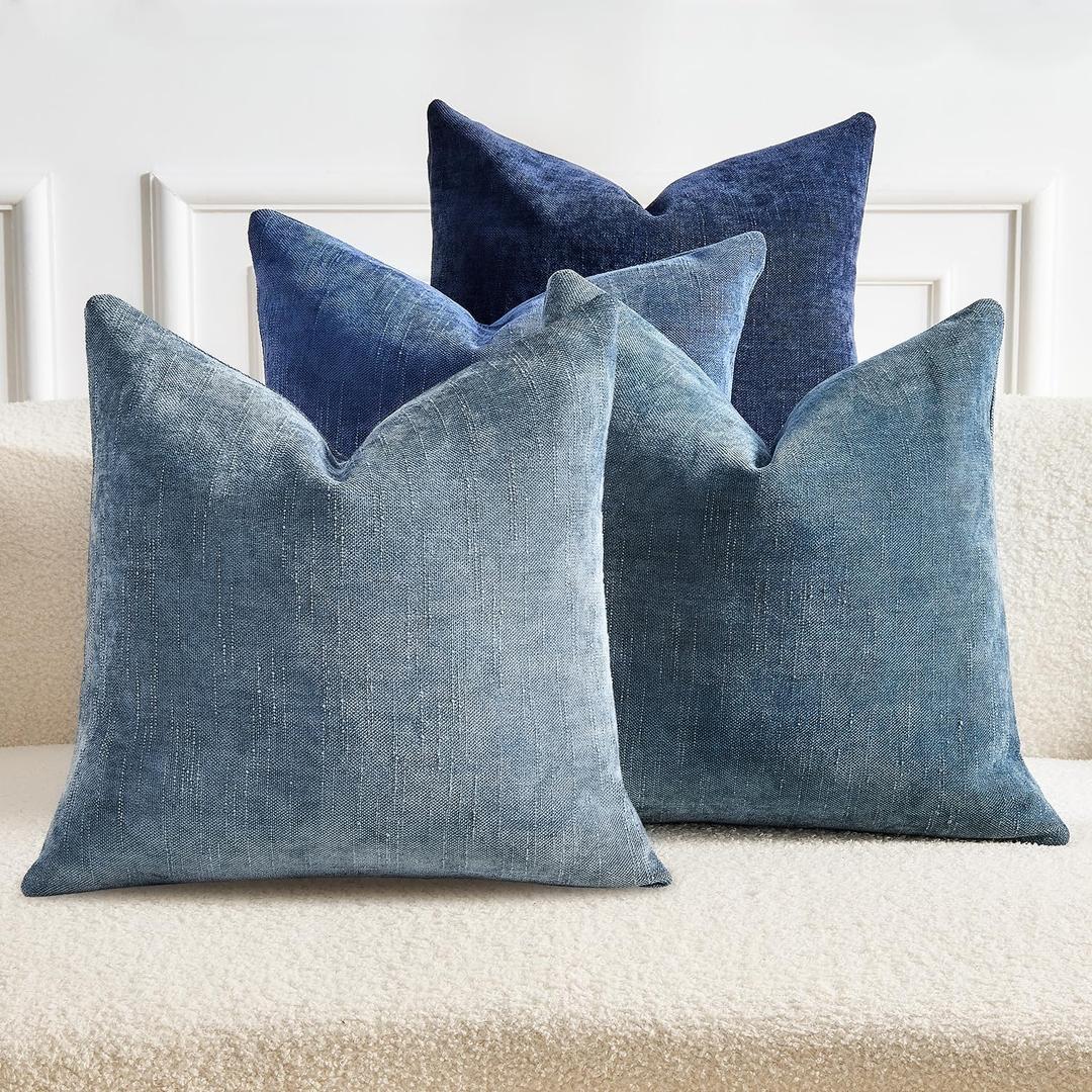 Pack of 4 Throw Pillow Covers 18x18 Inch Chenille Textured Neutral Blue Soft Pillow Covers Solid Decorative Farmhouse Cushion Covers Home Boho Decor for Couch Sofa Bed Living Room
