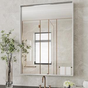 Suidia Bathroom Mirror, 24" x 32" Wall Mirror Metal Framed, Bathroom Vanity Mirror for Living Room Bedroom Bathroom Entryway, Silver, Rect Corner Style