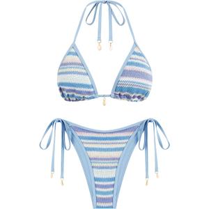 ZAFUL Women's Colorblock Stripes Triangle Halter Tied Cheeky Thong Bikini Set High Cut Two Piece Bathing Suit, Size: L