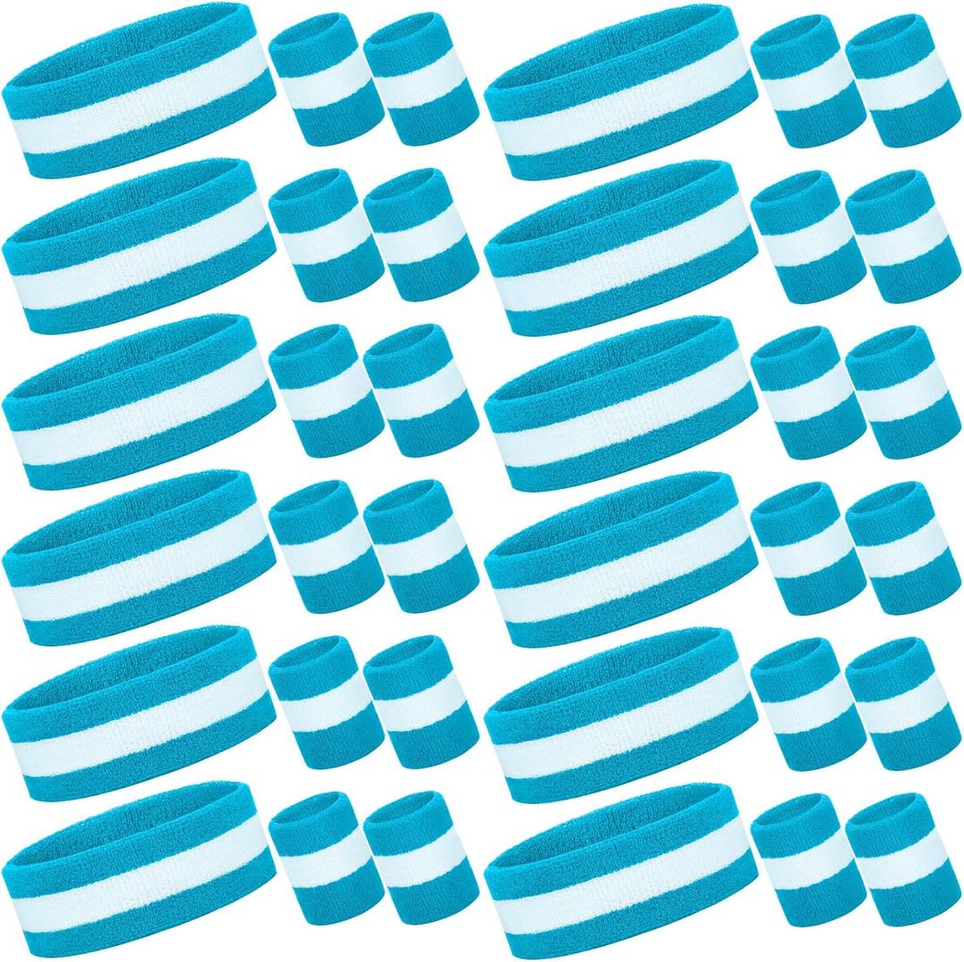 Eurzom 36 Pcs Neon Sports Sweatbands Set Include 12 Striped Sweat Absorbing Headbands 24 Wrist Sweatbands Cotton Wristbands for Men Women Gym Tennis (Blue, White)