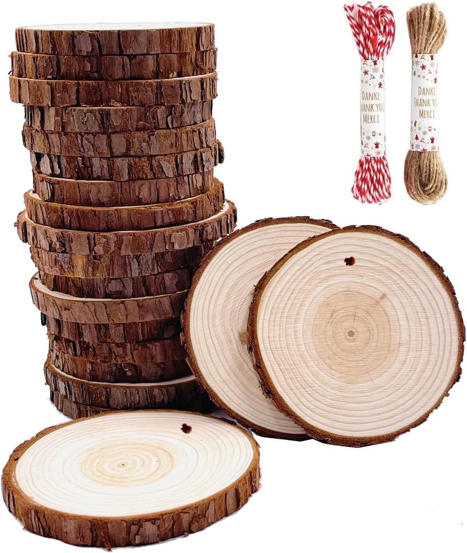 Unfinished Natural Wood Slices 18 Pcs 3.5-4 Inch Wood Coaster Sets Pieces Craft Wood Kit Predrilled with Hole Wooden Circles Great for Arts and Crafts Christmas Ornaments DIY Crafts Rustic Wedding