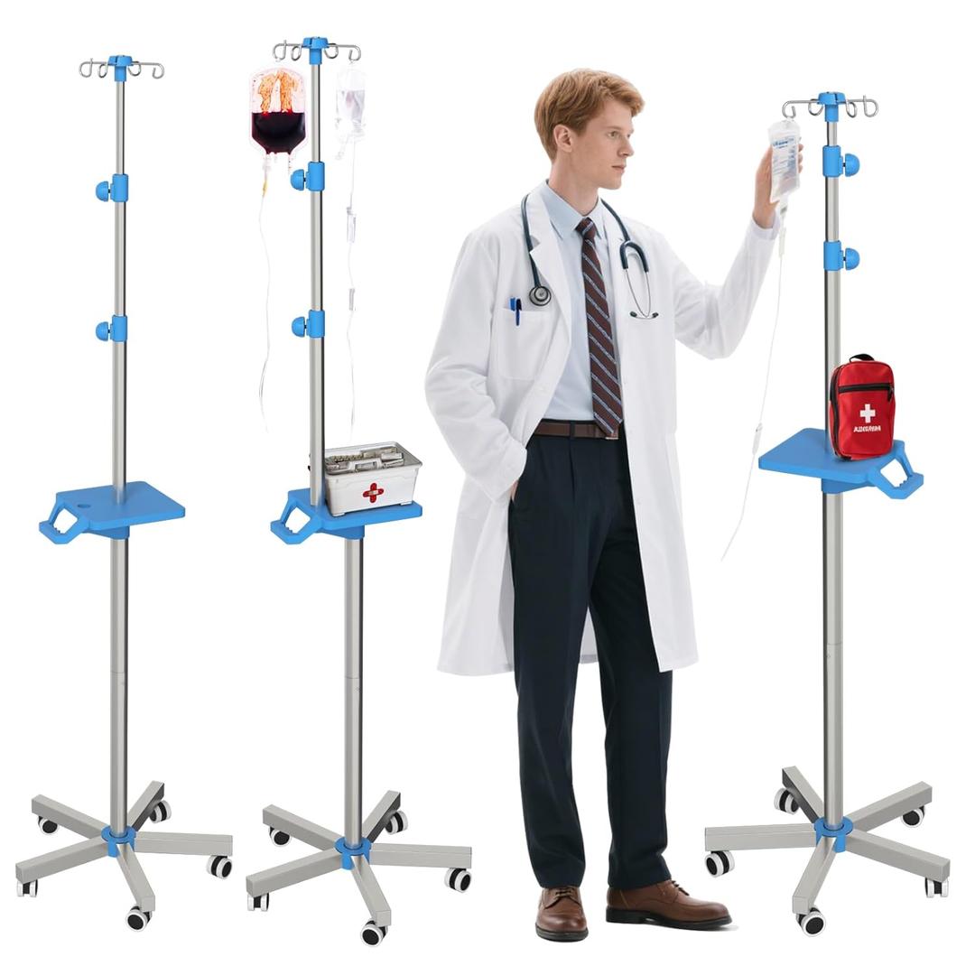 Rolling IV Pole with Tray - 2 Pack Stainless Steel 4 Hooks IV Stand with Wheels Height Adjustable for Clinic Home Care
