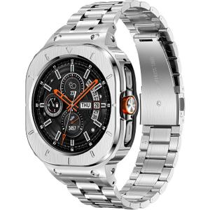 Stainless Steel Bands with Case Compatible with Samsung Galaxy Watch Ultra 2/1 47mm (2025 2024), Rugged Protector Cover Metal Band for Galaxy Watch 7 8 Ultra for Men (Silver)