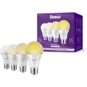 Roku Smart Light Bulbs (White, 4-Pack) - Dimmable A19 Lightbulbs with Adjustable Brightness & Temperature - WiFi Smart Bulbs Works Voice, Alexa & Google Assistant, No Hub Required