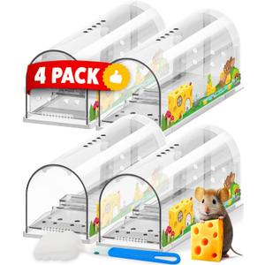 Motel Mouse Humane No Kill Live Catch and Release Mouse Traps, Reusable with Cleaning Brush - 4 Pack (Regular Cheese Sticker 4 Pack)