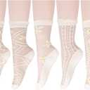 Benefeet Sox Sheer Socks Women Girls Crystal Glass Lace Socks Ankle Thin Summer Sock Transparent See Through Mesh Sock (One Size, 5 Pair-frilly White Sakura Flower)