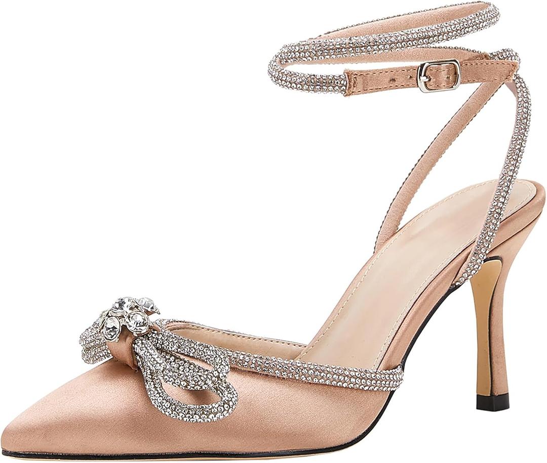 VETASTE Women's Double Bow Pointed Toe Ankle Strap Crystal Pumps Wedding Bridal Party Stilettos Backless Satin Heeled Sandals (Pink, S)